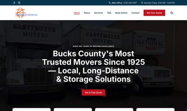 The Garttmeyer Moving Inc. homepage, headlined "Bucks County's Most Trusted Movers Since 1925"