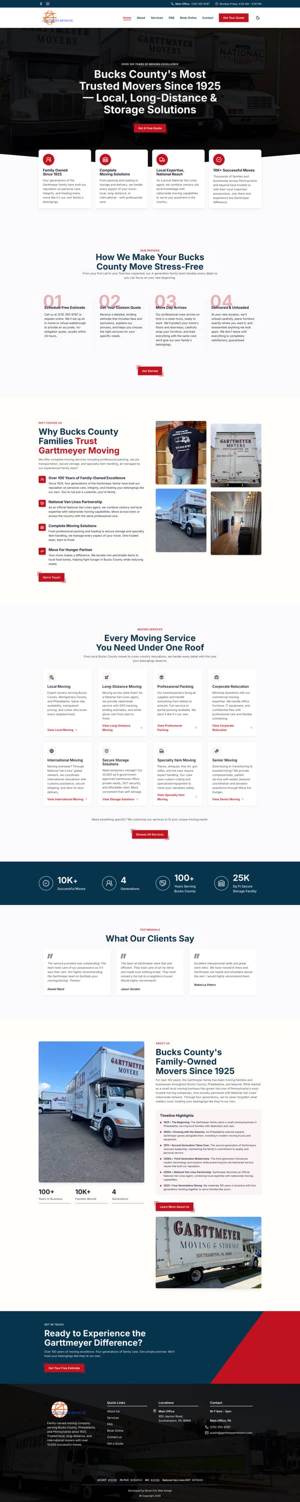 The full Garttmeyer Moving homepage: a hero headlined "Bucks County's Most Trusted Movers Since 1925" over four credential cards, a four-step process, a reasons-to-choose block, eight service cards, a stats band, three testimonials, the company history with a timeline, and a closing call to action