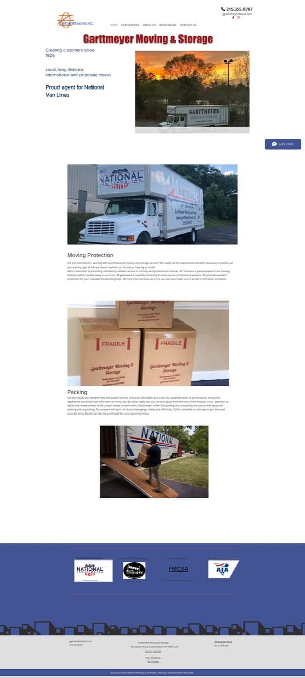 The previous Garttmeyer site on Wix: a centred logo and red wordmark, three lines of text beside one photo of a truck at sunset, then two untitled blocks of small type and a row of partner logos