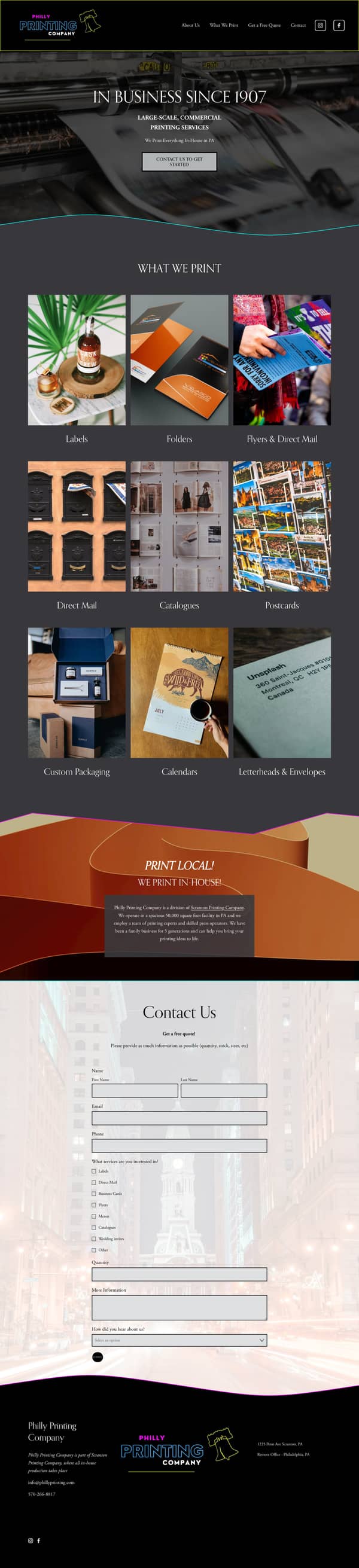 The previous Philly Printing site: a dark single page with a press photograph headed "In business since 1907", a nine-tile grid of product photographs captioned Labels, Folders, Flyers, Direct Mail, Catalogues, Postcards, Custom Packaging, Calendars and Letterheads, one short paragraph over an orange abstract, and a quote form